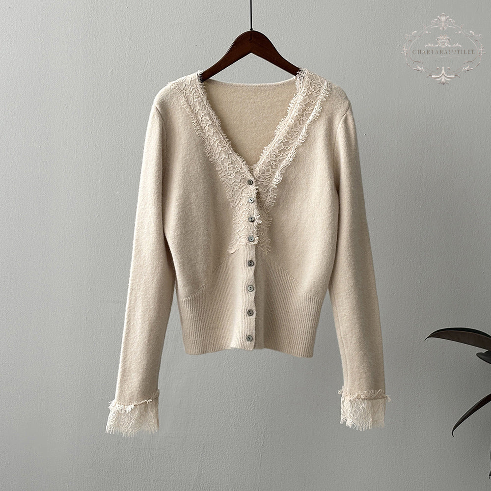 French lace stitching V-neck sweater design winter slim long-sleeved sweater [CHSW66]