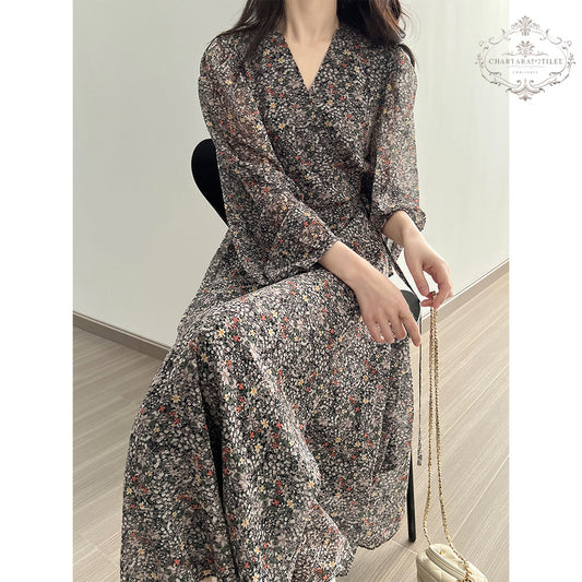 French style floral V-neck dress chiffon puff sleeves [CHSK132]