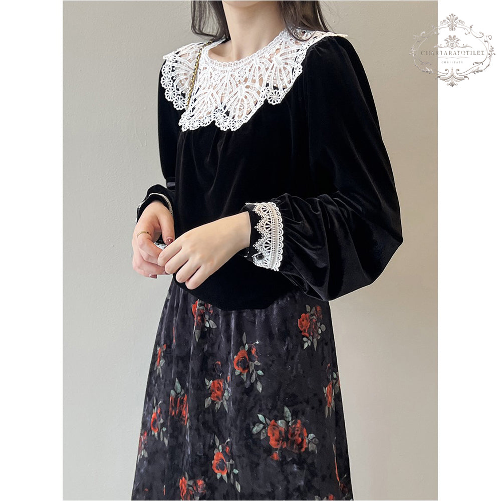 Retro lace collar velvet top for women winter French style long-sleeved top [CHT22]