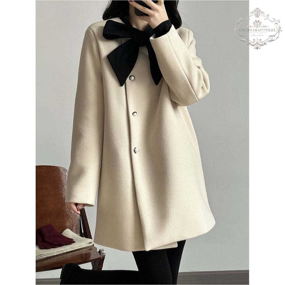 Xiaoxiangfeng contrasting bow woolen jacket in winter is loose and warm with white duck down lining [CHCO78]