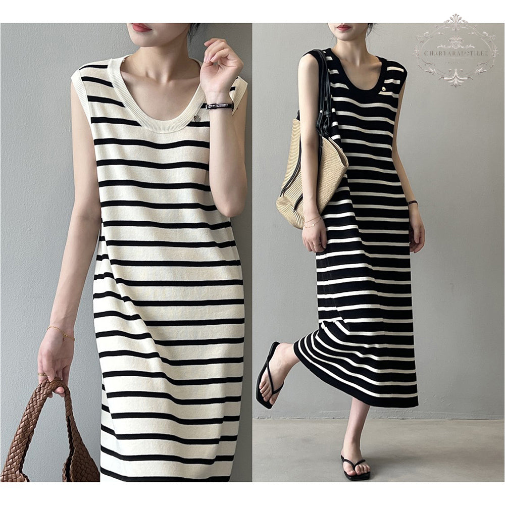 French ice silk sleeveless striped vest dress, elegant and simple style CHSK145