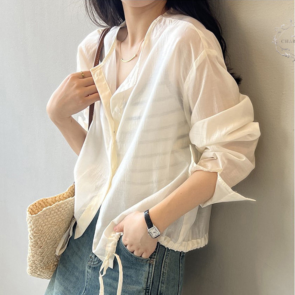 Korean drawstring design Tencel shirt metallic cold strap Tencel top [CHSH117]