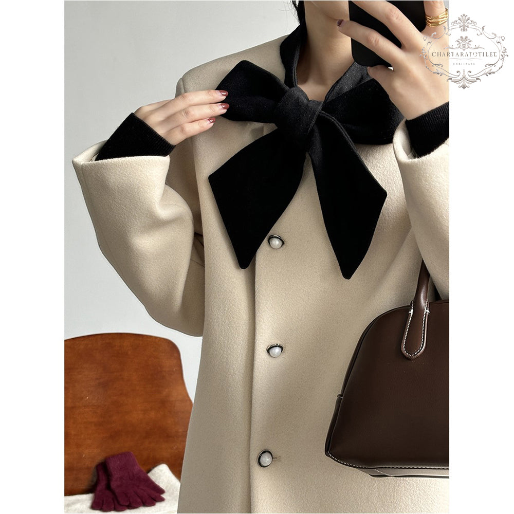 Xiaoxiangfeng contrasting bow woolen jacket in winter is loose and warm with white duck down lining [CHCO78]