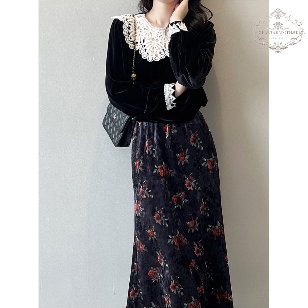 Retro lace collar velvet top for women winter French style long-sleeved top [CHT22]