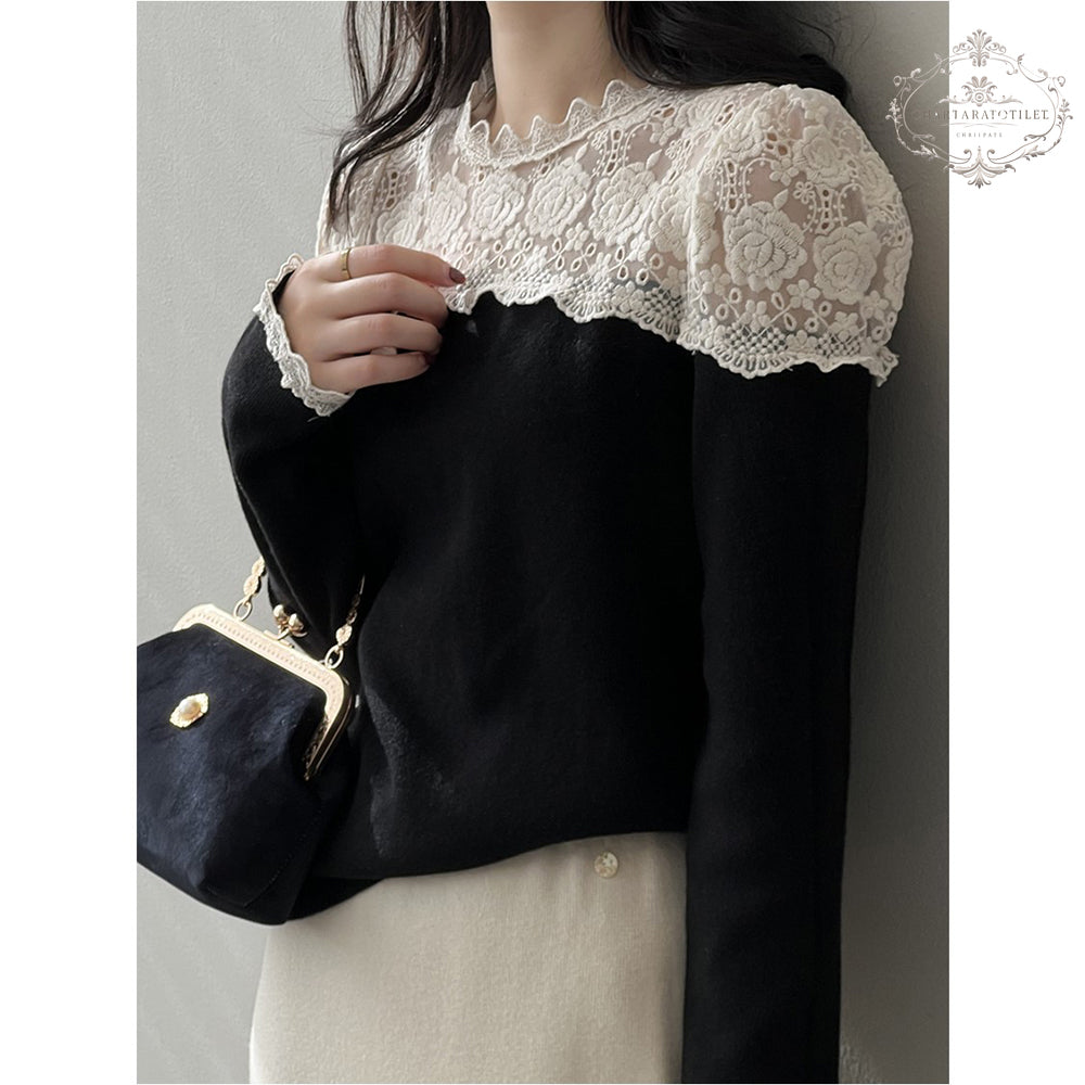 Lace splicing design long-sleeved bottoming shirt with sweet design in winter long-sleeved top [CHSW68]