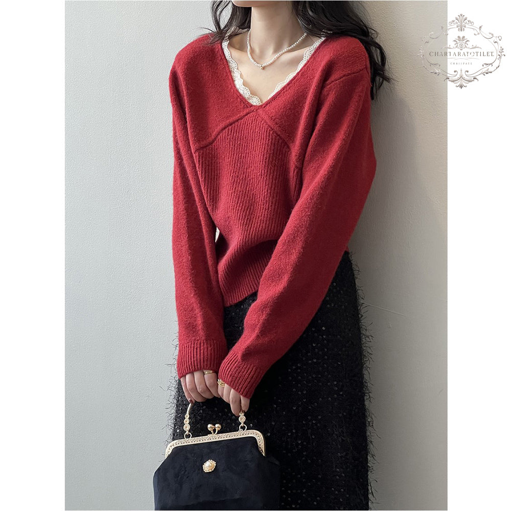 French lace patchwork lace V-neck sweater lace sweater [CHSW67]