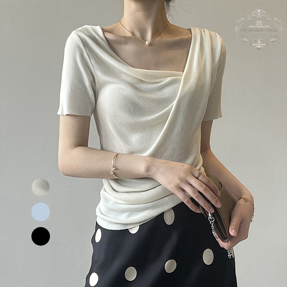 French Pure Desire Swing Collar Short Sleeve T-shirt Irregular Slim Waist Slimming Top [CHT29]