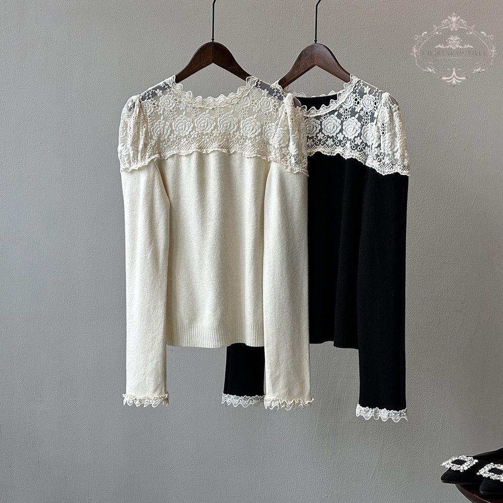 Lace splicing design long-sleeved bottoming shirt with sweet design in winter long-sleeved top [CHSW68]