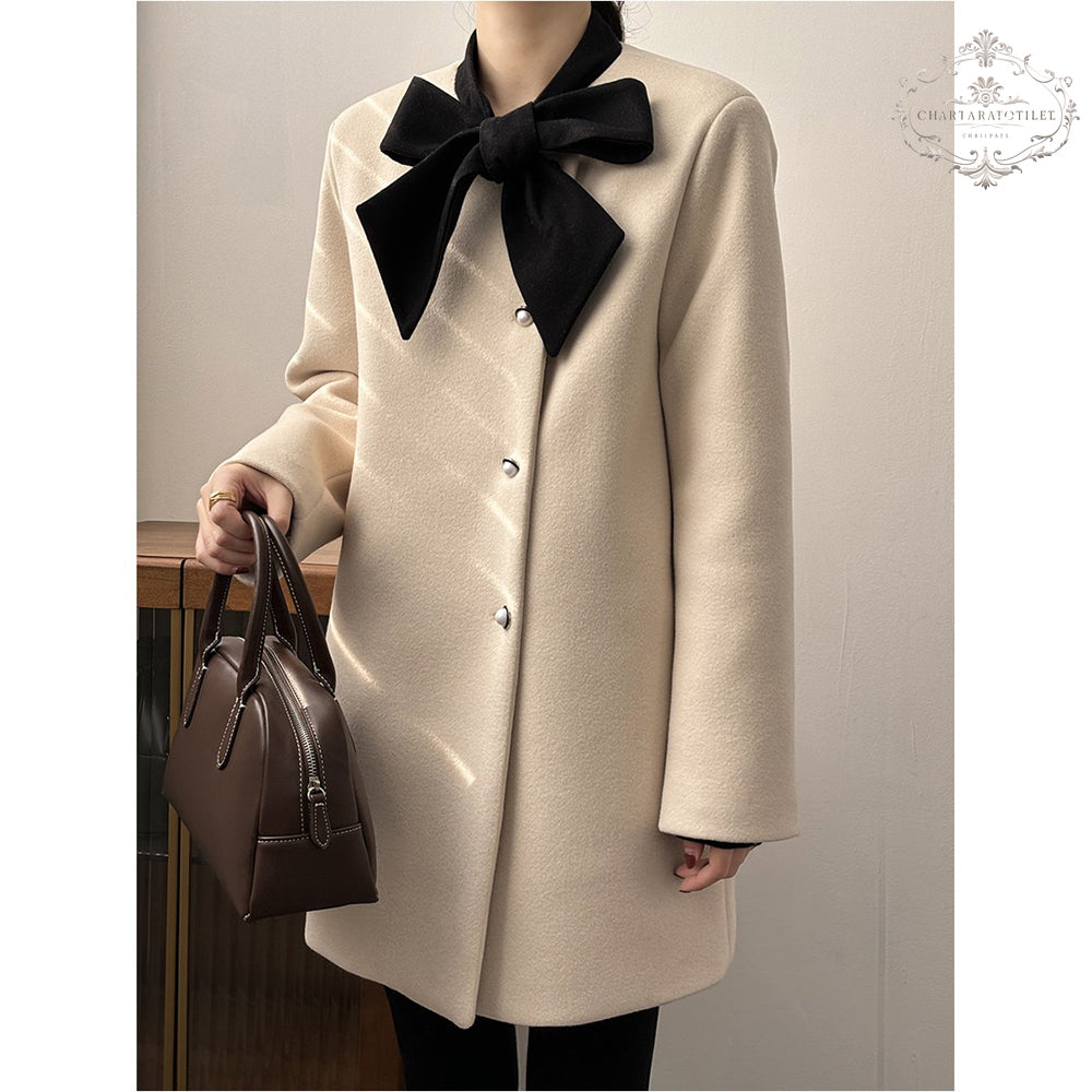 Xiaoxiangfeng contrasting bow woolen jacket in winter is loose and warm with white duck down lining [CHCO78]