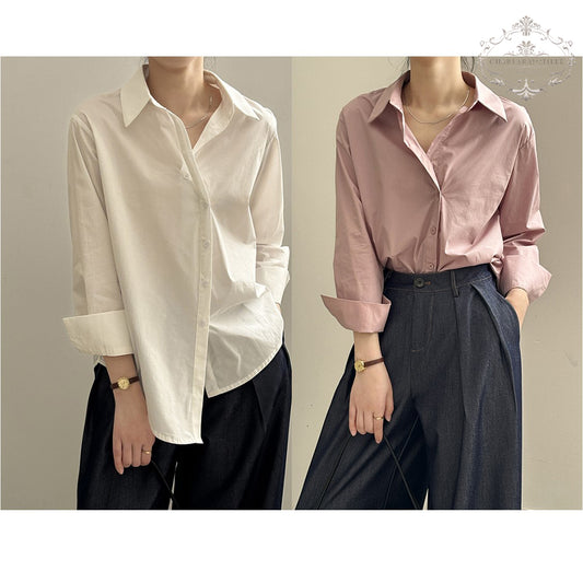 Charlotte French simple lapel single-breasted shirt spring new irregular hem shirt pure cotton shirt long-sleeved shirt irregular hem design [CHSH113]