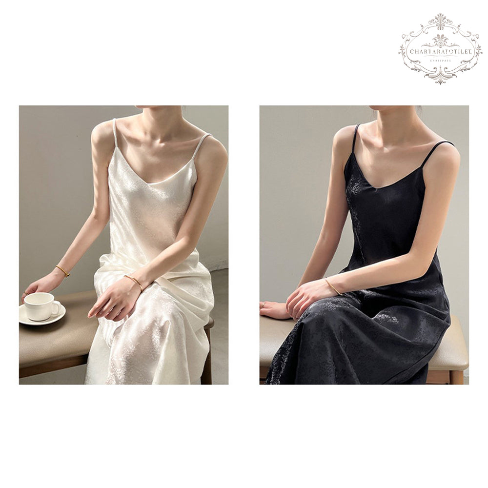 New palace style jacquard V-neck suspender dress spring and summer satin drape long skirt [CHSK139]