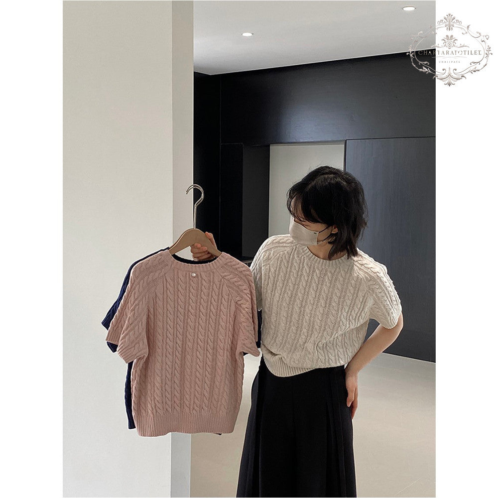 Korean generation basic twist short-sleeved thin sweater spring and summer round neck casual top for girls [CHSW73]