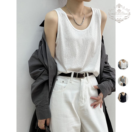 Charlotte early spring French style simple U-neck slim vest loose bottoming wide shoulder strap sleeveless top snowflake cotton women's vest small vest [CHVE13]