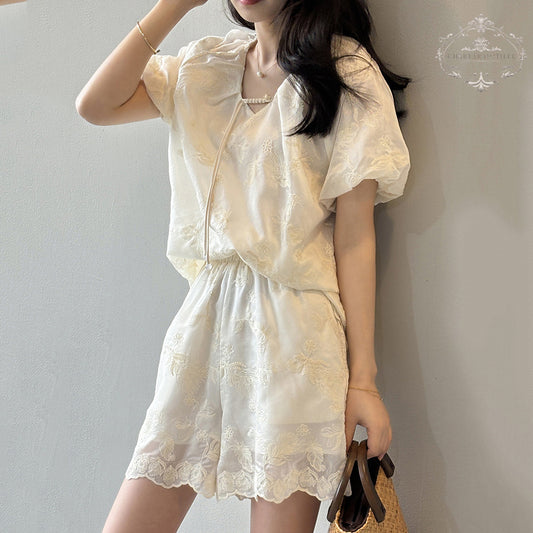 Baroque embroidered puff sleeves V-neck short-sleeved suit short-sleeved palace style Tencel top + shorts two-piece suit Lyocell Tencel suit [CHSH119]