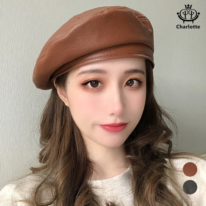 Fashionable retro PU leather beret octagonal hat British painter hat retro leather hat [CHCA5]