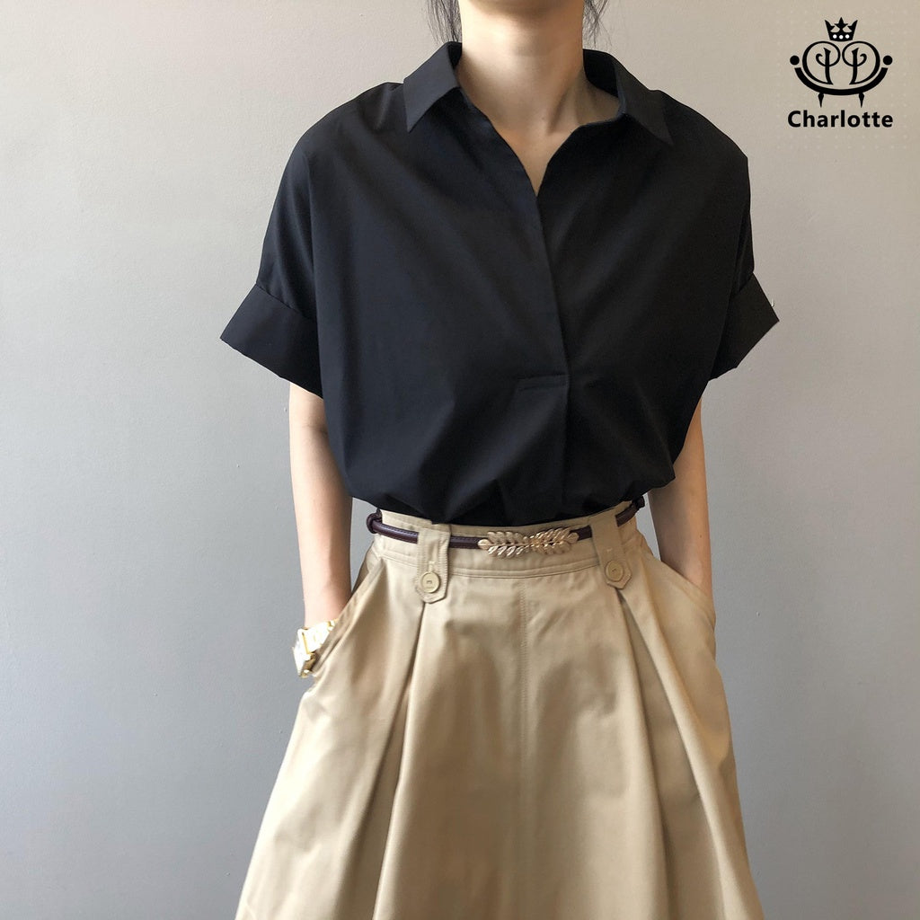 French drape pullover shirt, short-sleeved shirt, V-neck shirt, rolled sleeve shirt [CHSH29]