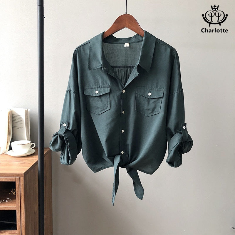 French retro solid color lace-up shirt, long-sleeved shirt, versatile casual shirt [CHSH42]