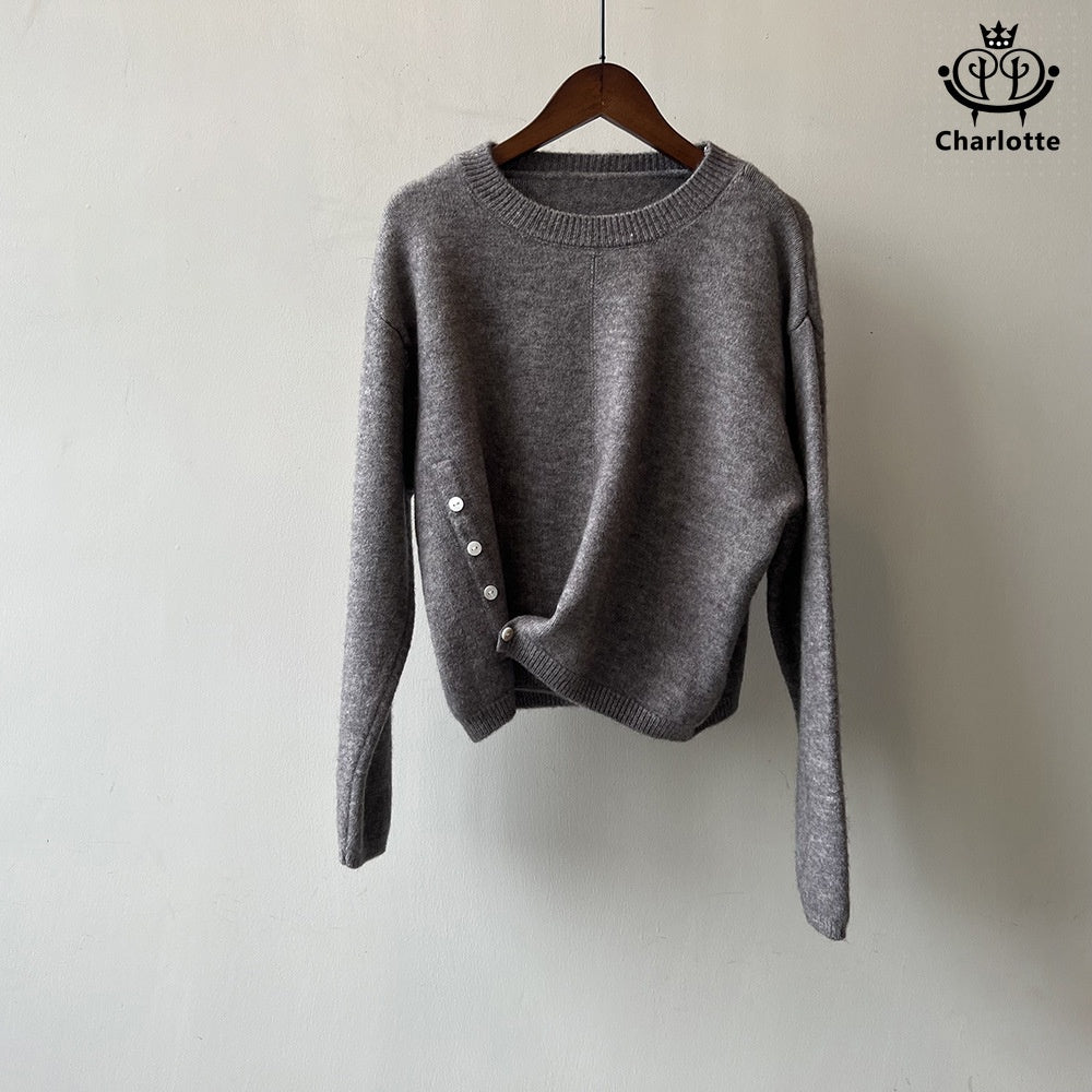 Irregular round neck design sweater solid color side-breasted sweater [CHSW51]