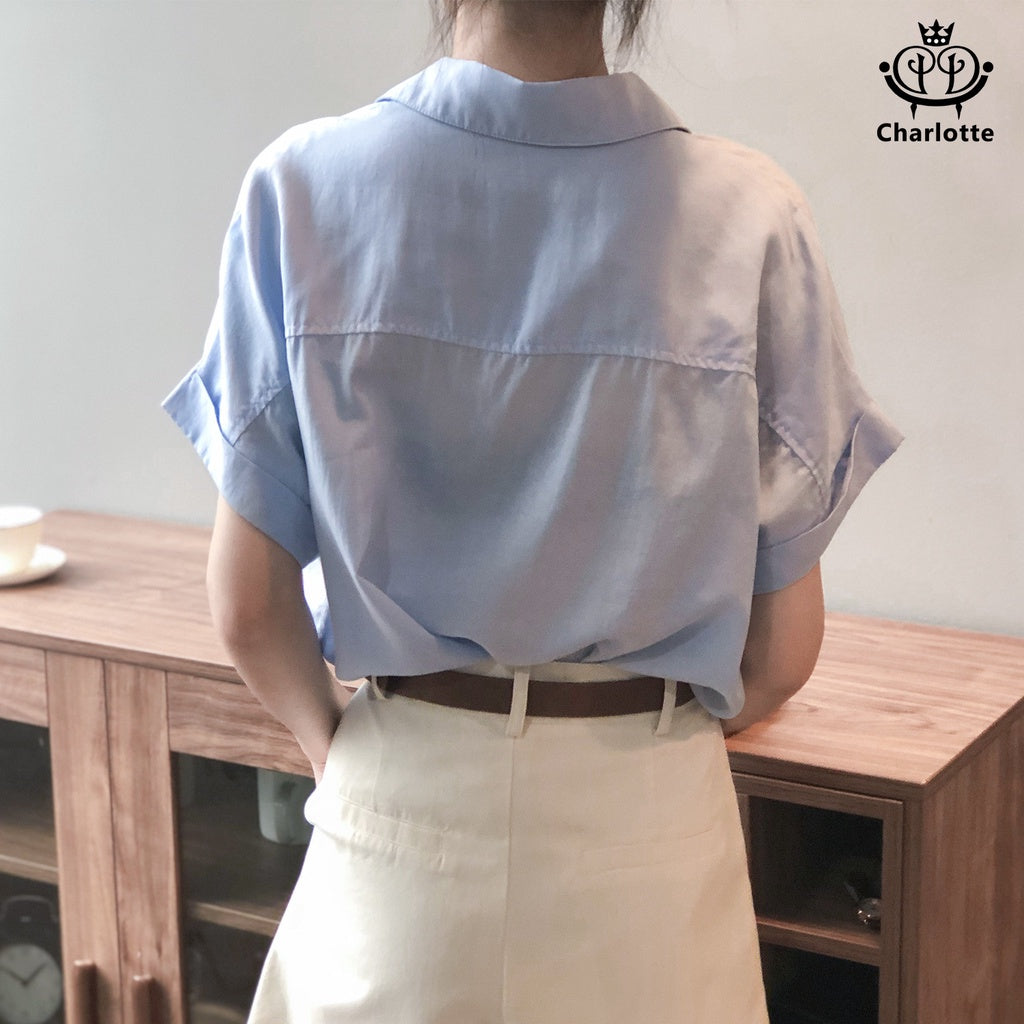 French Tencel linen short-sleeved shirt short-sleeved lapel top Tencel shirt [CHSH27]