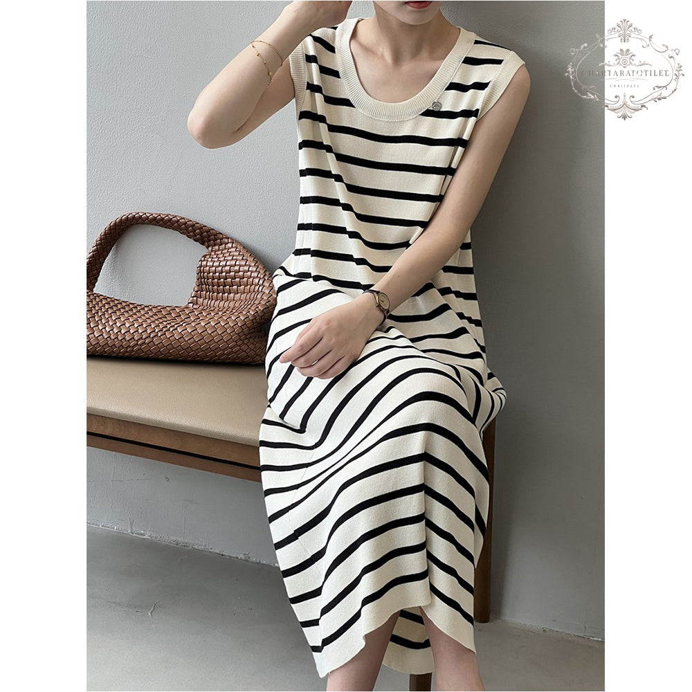 French ice silk sleeveless striped vest dress, elegant and simple style CHSK145