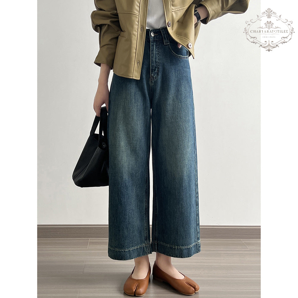 Lady's high-waisted straight-leg nine-point jeans Korean style loose wide-leg pants nine-point long jeans girls' jeans [CHJ11]