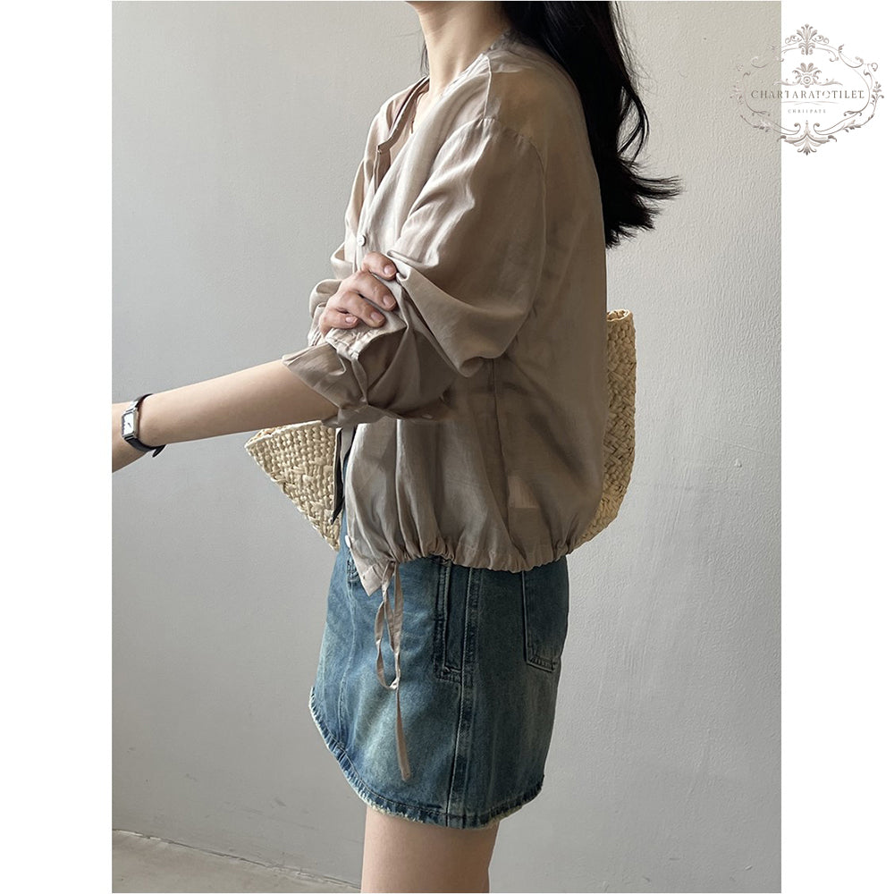 Korean drawstring design Tencel shirt metallic cold strap Tencel top [CHSH117]