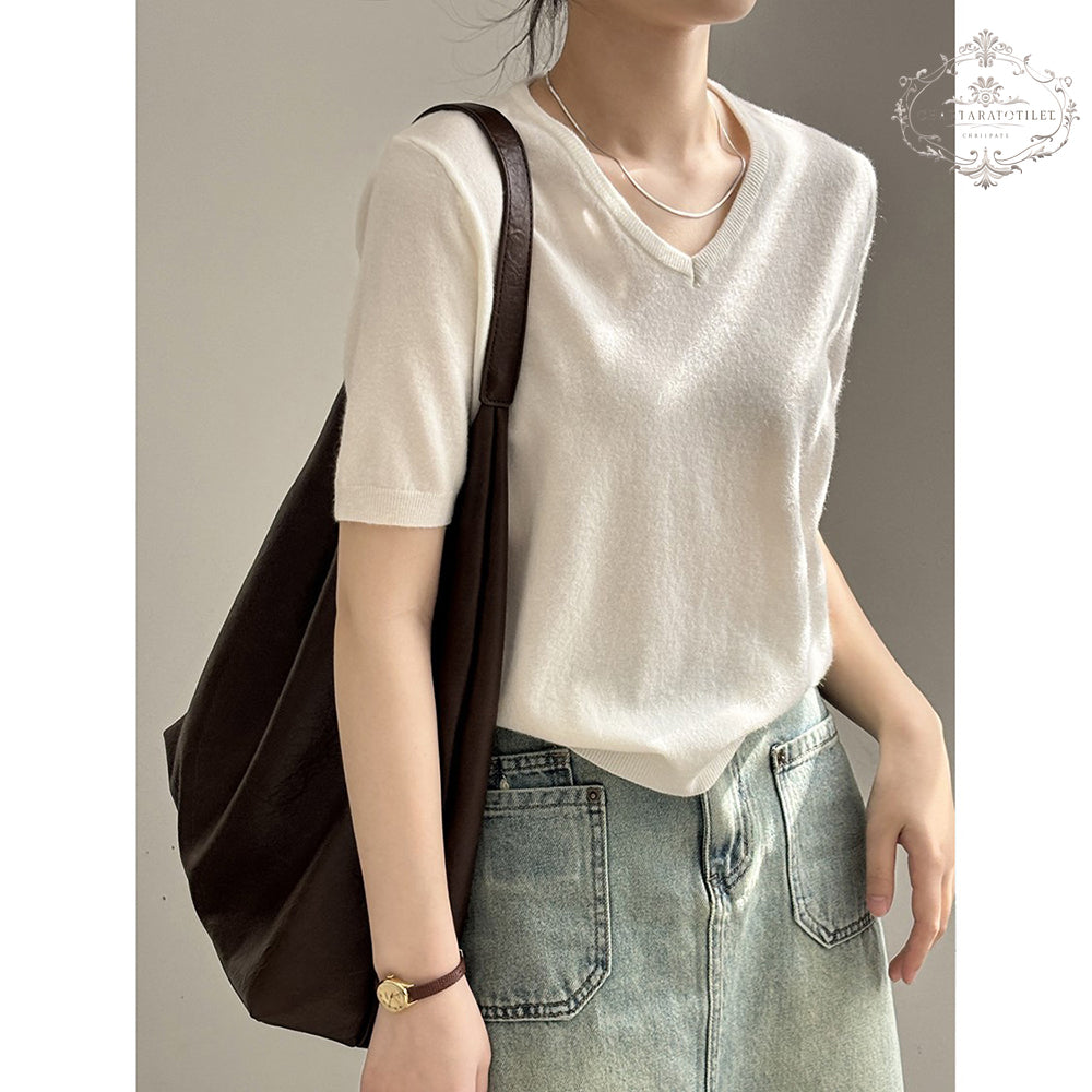 Simple velvet short-sleeved V-neck T spring thin bottoming pullover [CHT24]