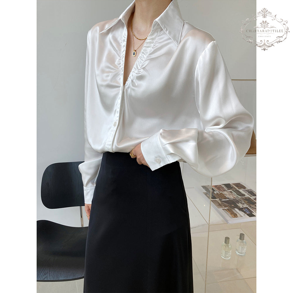 French European and American style lazy satin shirt pleated V-neck long-sleeved shirt [CHSH111]