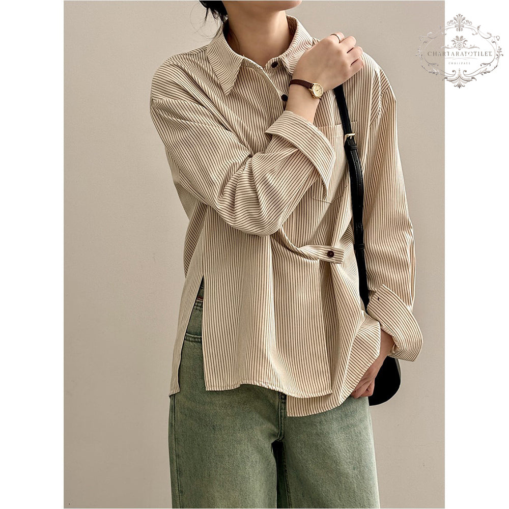 Age-reducing French striped shirt folded long-sleeved shirt [CHSH112]