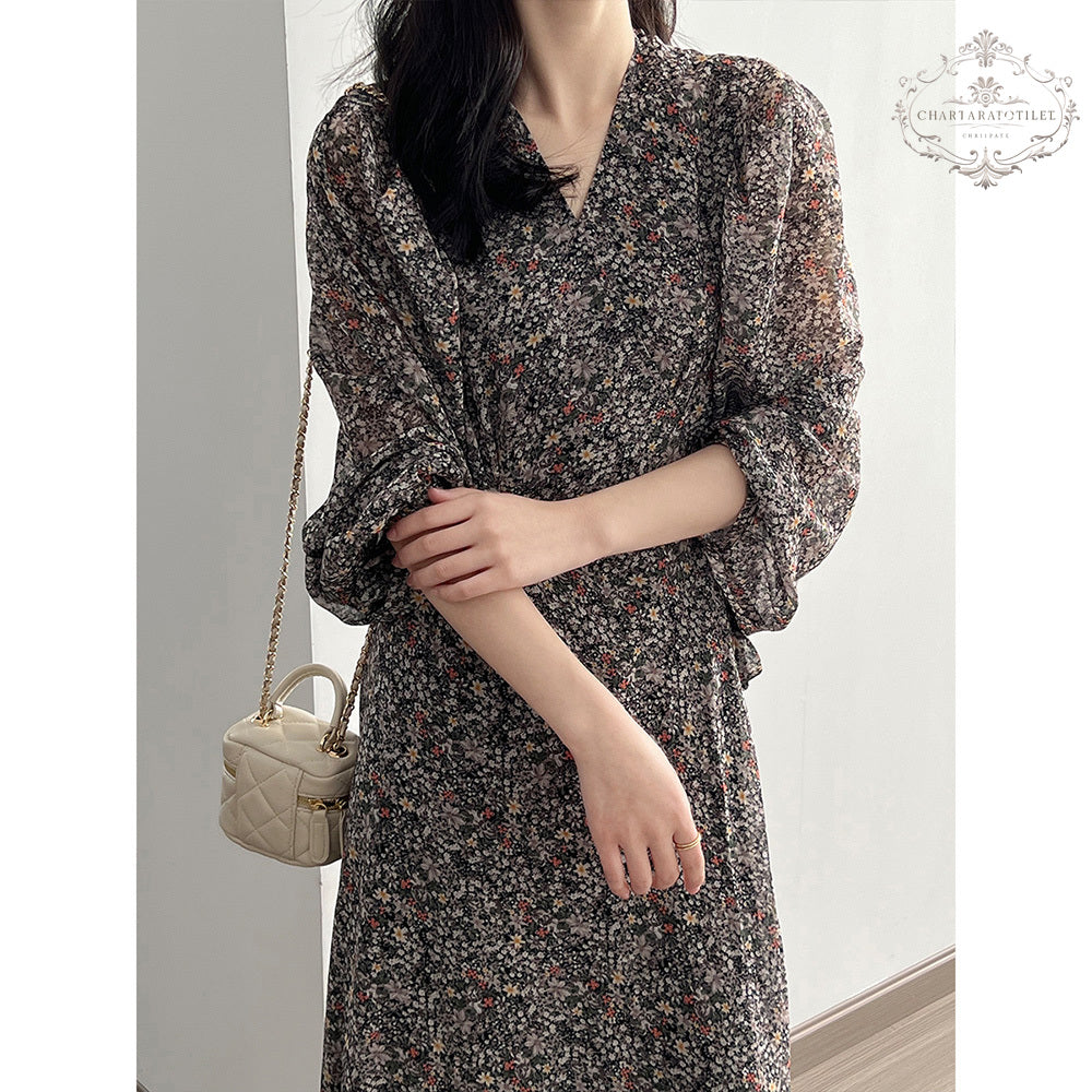 French style floral V-neck dress chiffon puff sleeves [CHSK132]