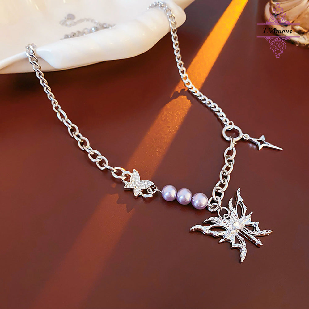 Butterfly Pearl Titanium Steel Necklace INS Style Butterfly Necklace [LA149]