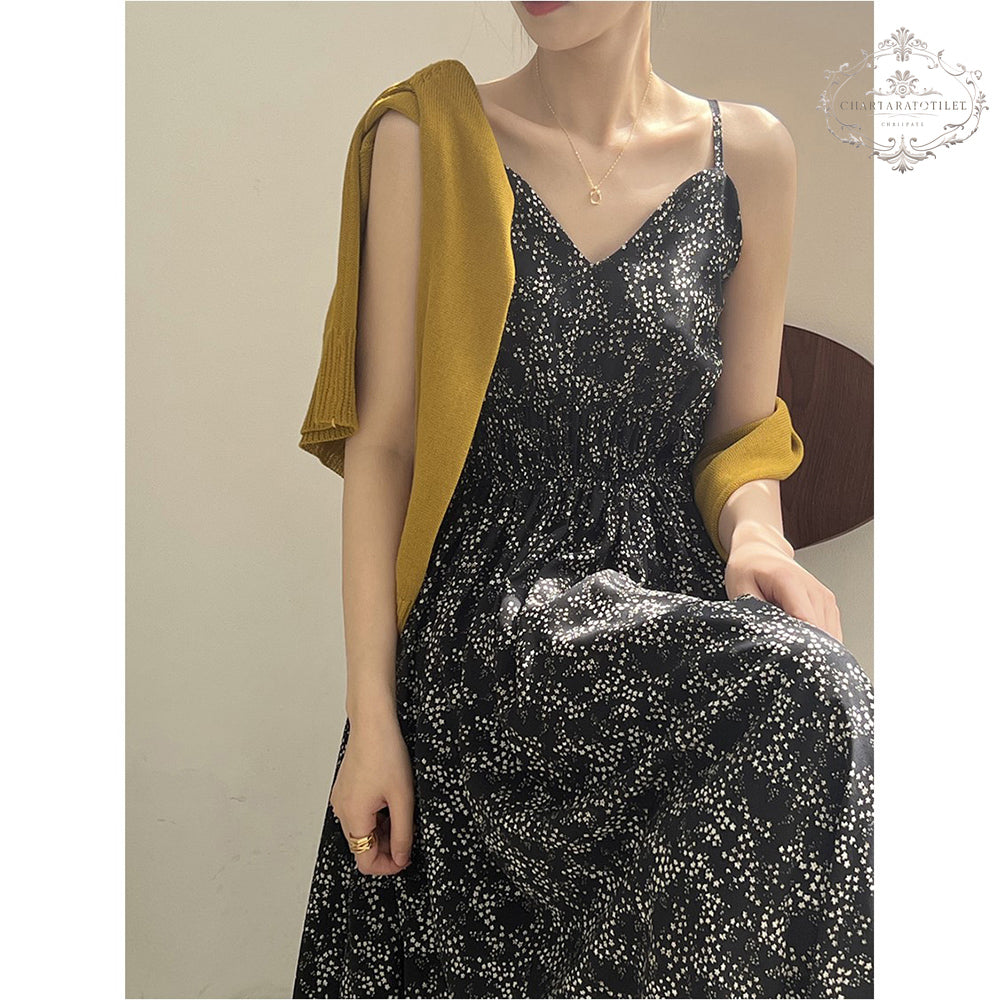 French tea break floral suspender dress high quality encrypted floral [CHSK142]