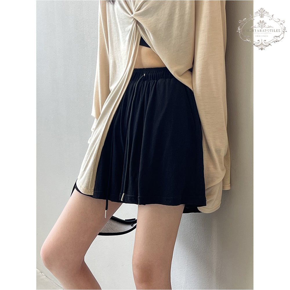 Cool summer retro simple drawstring shorts A-line hem loose shorts [CHOR10]