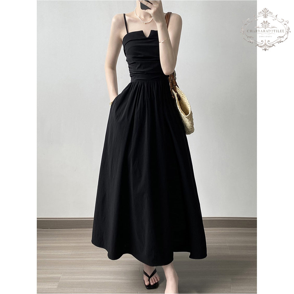 French retro waist-cinching A-line tube top long skirt pleated suspender dress [CHSK140]