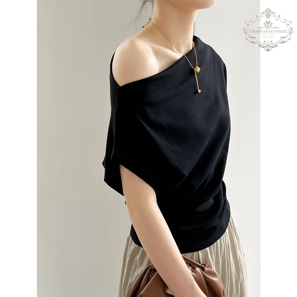 French one-piece collar, off-shoulder short-sleeved T-shirt, exquisite cotton threaded short-sleeved top [CHT26]