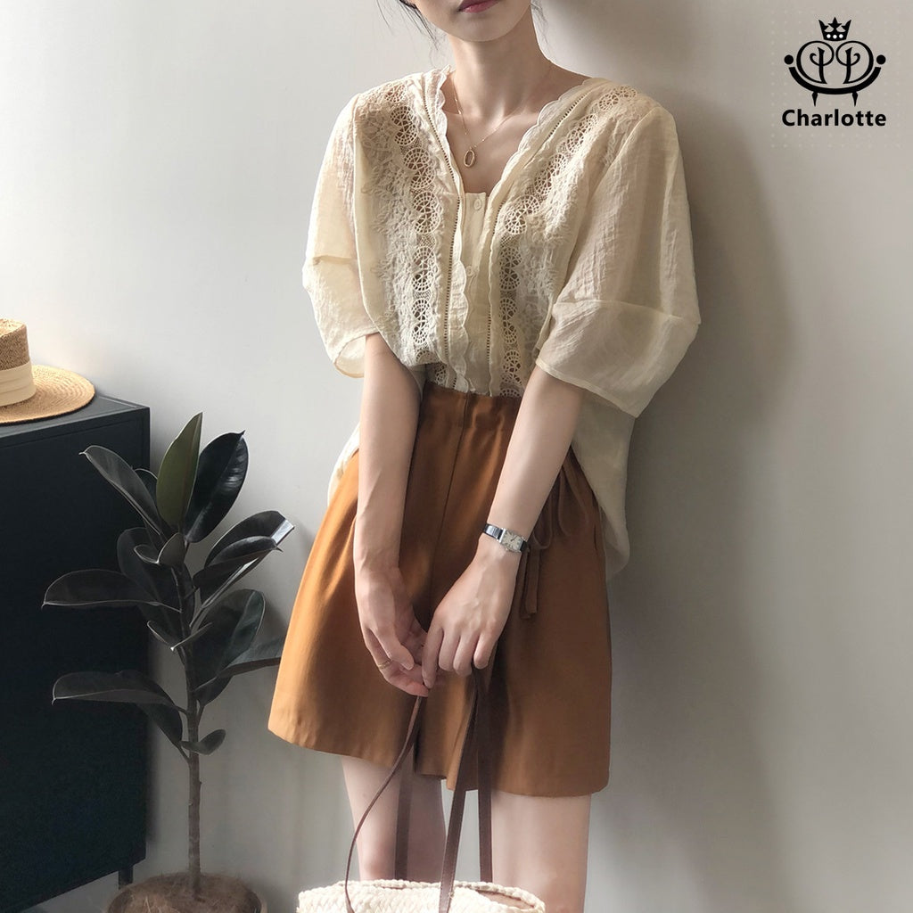 French lace embroidered babydoll shirt V-neck puff sleeve short-sleeved shirt [CHSH62]