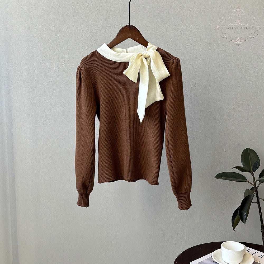 French bow tie round neck sweater with chic puff sleeves [CHSW70]