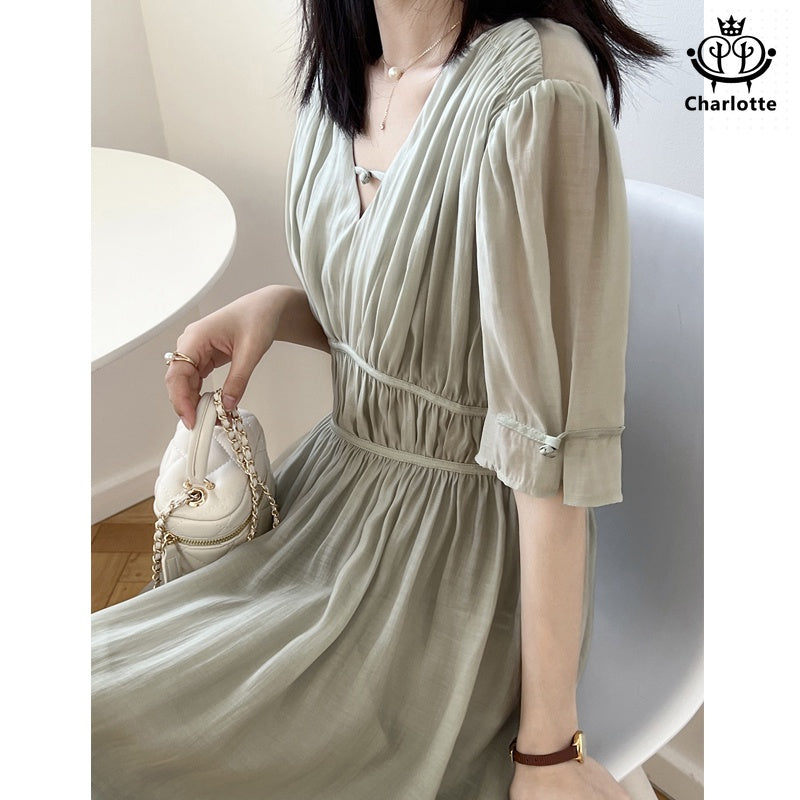 French V-neck disc buttoned elegant dress short-sleeved dress with tight back waist [CHSK68]