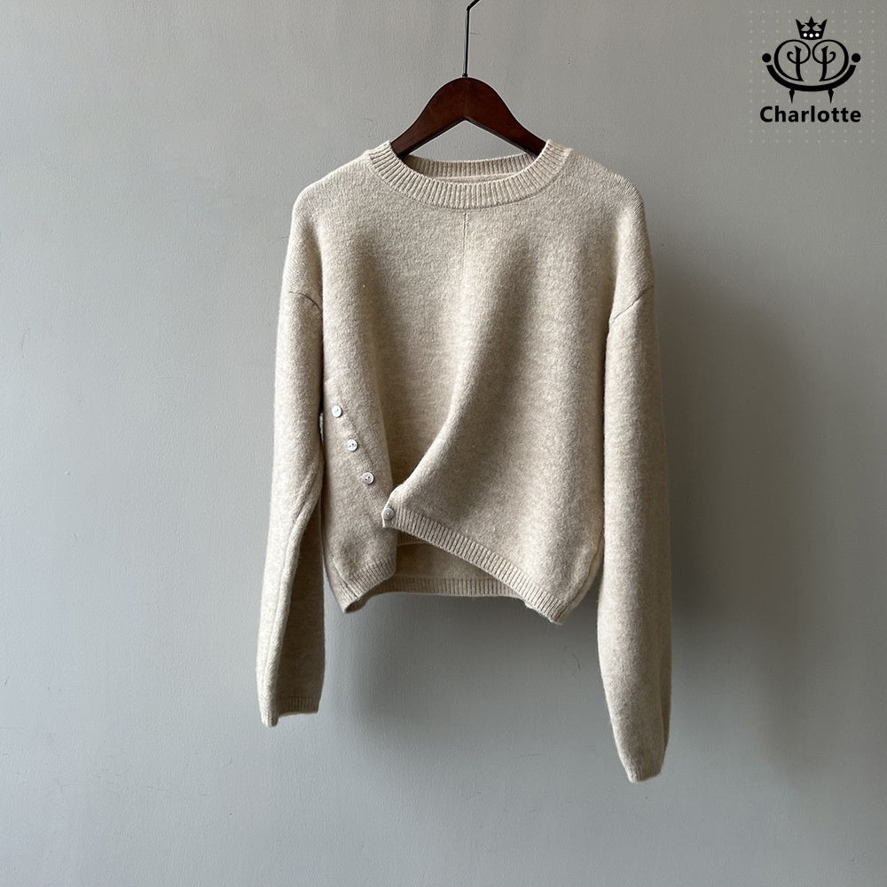 Irregular round neck design sweater solid color side-breasted sweater [CHSW51]