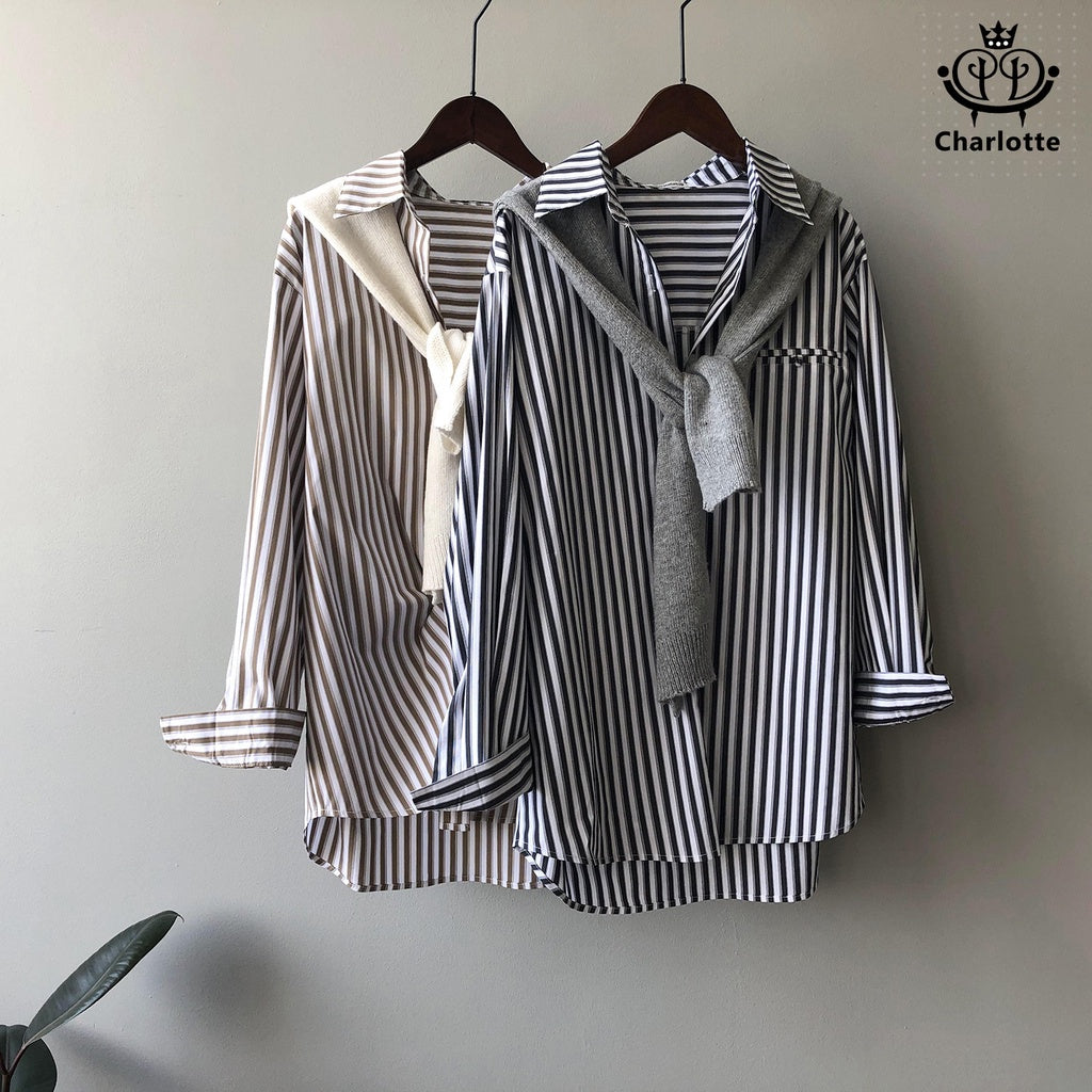 French striped shirt, stand-up collar shirt, lapel shirt, long-sleeved shirt [CHSH34]