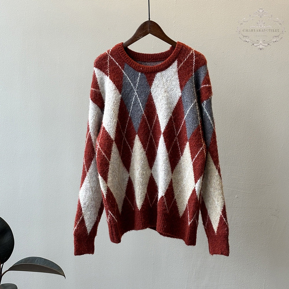 French festive New Year atmosphere sweater winter rhombus round neck knitted top [CHSW71]