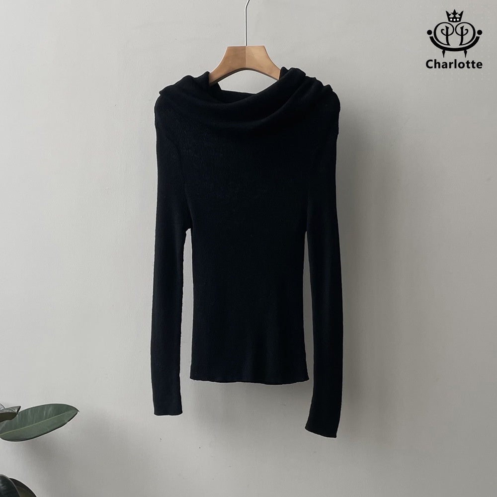 Soft and waxy one-neck off-shoulder top, slim-fitting solid color sweater [CHSW49]