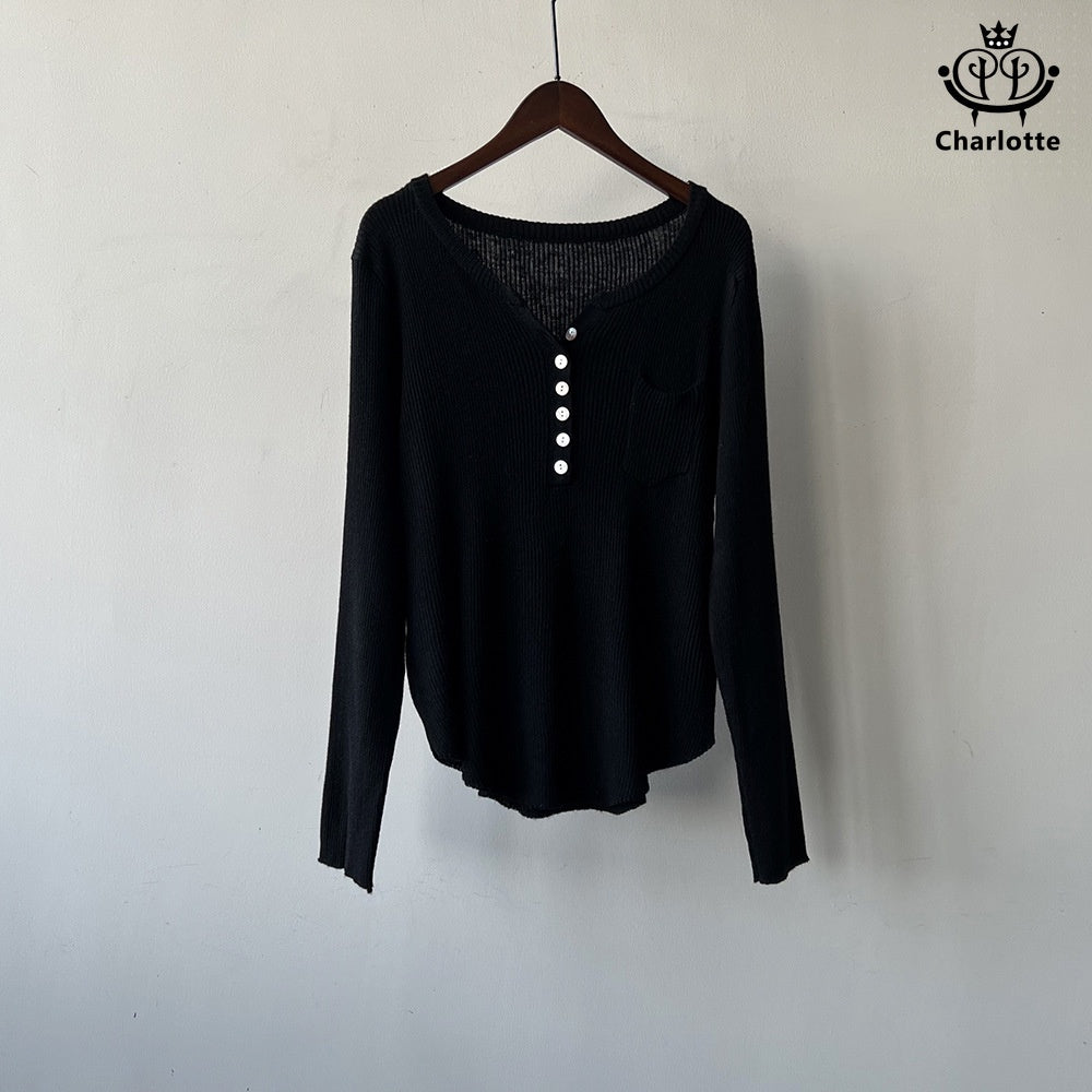 Korean style half placket thin long-sleeved sweater V-neck knitted wool top [CHSW47]