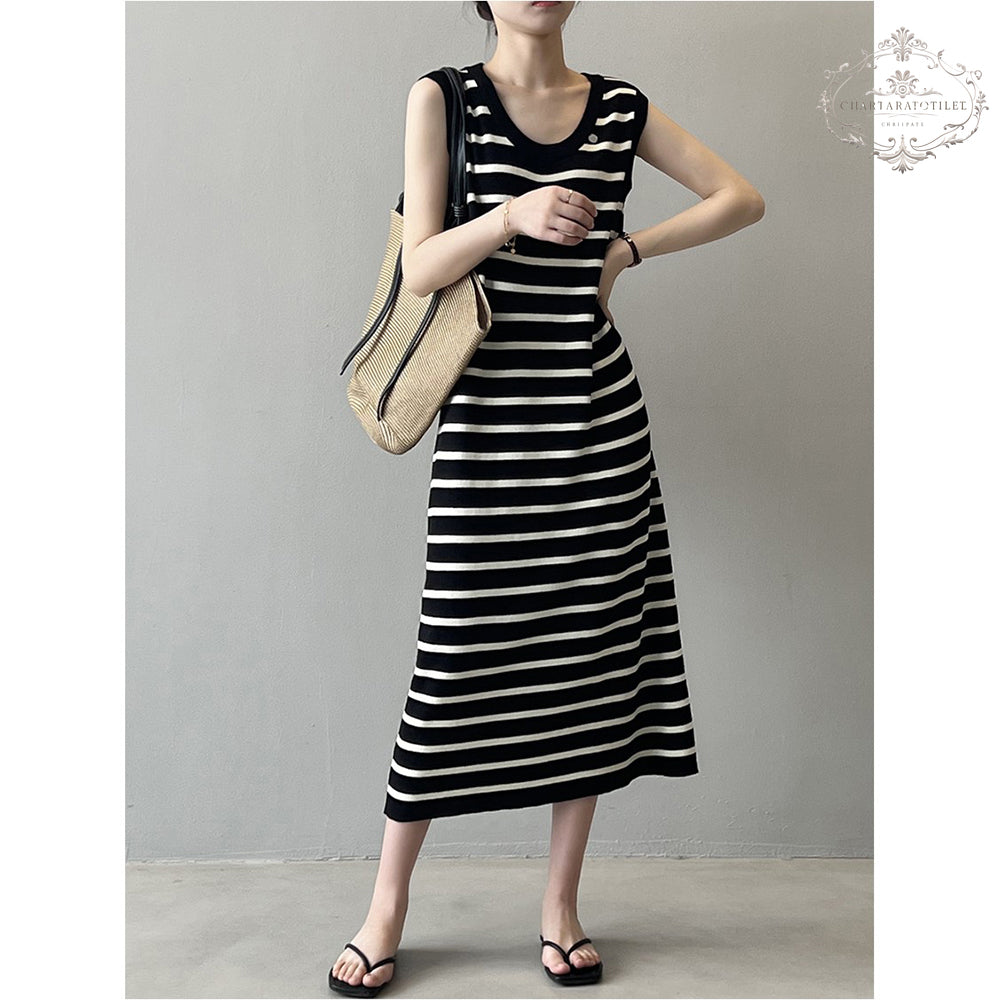 French ice silk sleeveless striped vest dress, elegant and simple style CHSK145