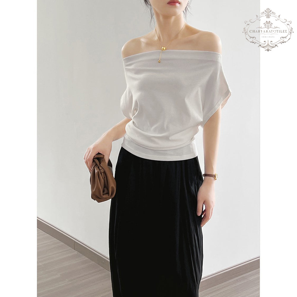 French one-piece collar, off-shoulder short-sleeved T-shirt, exquisite cotton threaded short-sleeved top [CHT26]