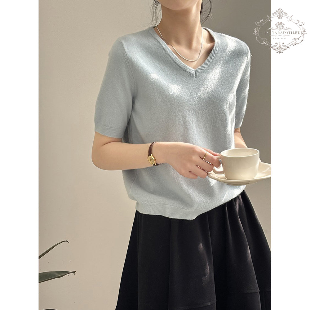 Simple velvet short-sleeved V-neck T spring thin bottoming pullover [CHT24]