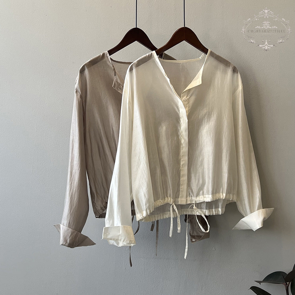 Korean drawstring design Tencel shirt metallic cold strap Tencel top [CHSH117]