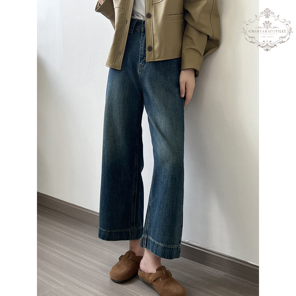 Lady's high-waisted straight-leg nine-point jeans Korean style loose wide-leg pants nine-point long jeans girls' jeans [CHJ11]