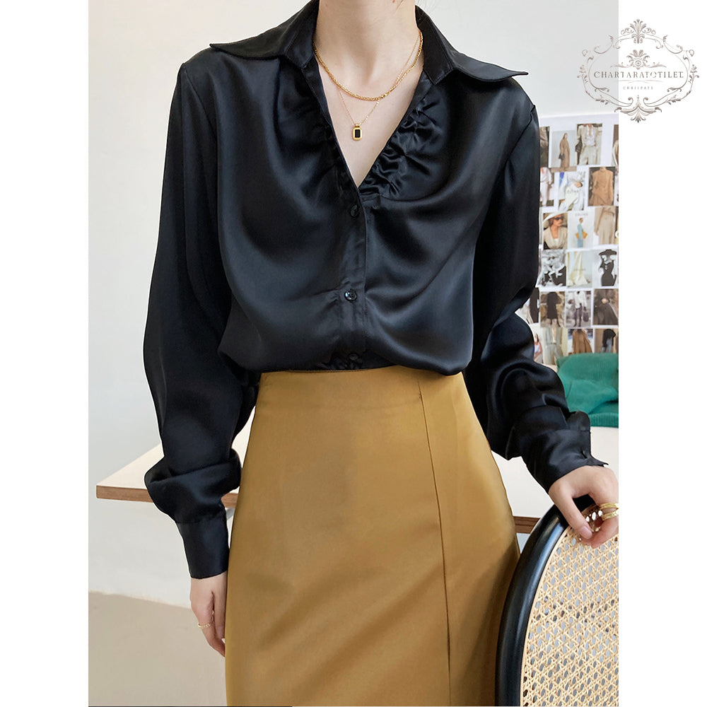 French European and American style lazy satin shirt pleated V-neck long-sleeved shirt [CHSH111]