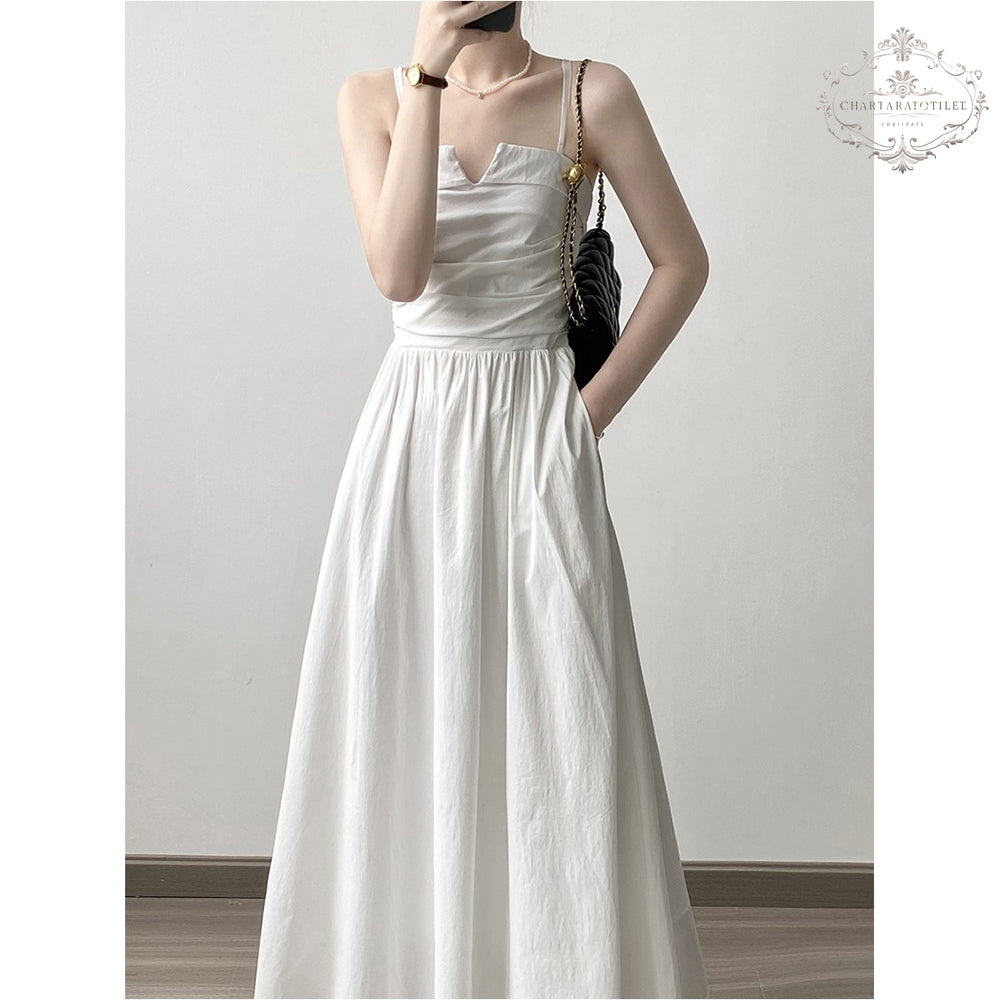 French retro waist-cinching A-line tube top long skirt pleated suspender dress [CHSK140]